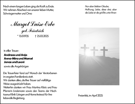 Traueranzeige von Margot Luise Erbe von Weilburger Tageblatt
