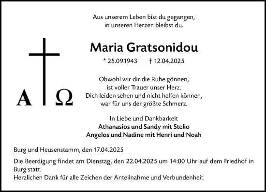 Traueranzeige von Maria Gratsonidou von Dill Block