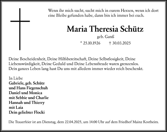 Traueranzeige von Maria Theresia Schütz von Wiesbadener Kurier