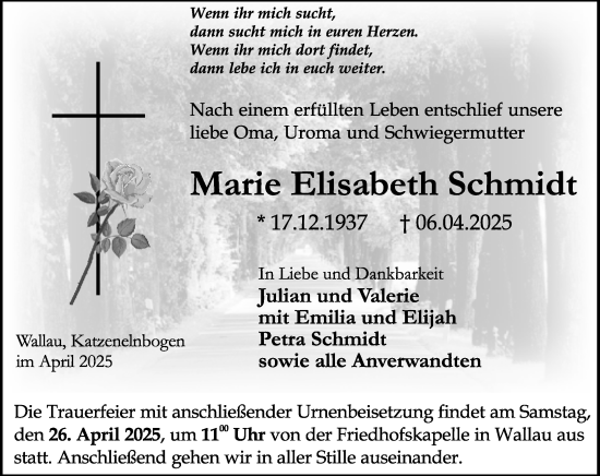 Traueranzeige von Marie Elisabeth Schmidt von Hinterländer Anzeiger