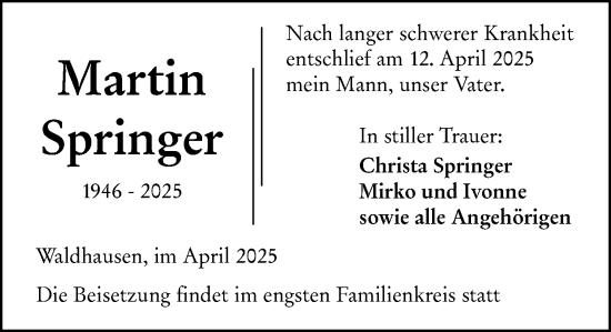 Traueranzeige von Martin Springer von Weilburger Tageblatt