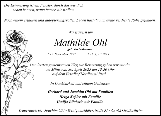Traueranzeige von Mathilde Ohl von Wormser Zeitung