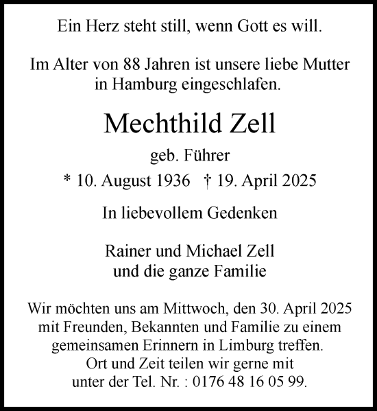 Traueranzeige von Mechthild Zell von Nassauische Neue Presse