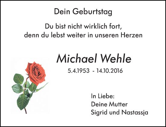 Traueranzeige von Michael Wehle von Wiesbadener Kurier
