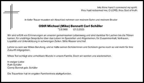 Traueranzeige von Michael Bennett Carl Schäfer von Wetzlarer Neue Zeitung
