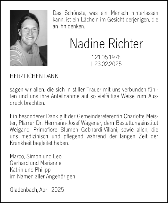Traueranzeige von Nadine Richter von Hinterländer Anzeiger