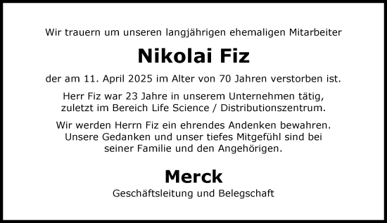 Traueranzeige von Nikolai Fiz von Darmstädter Echo