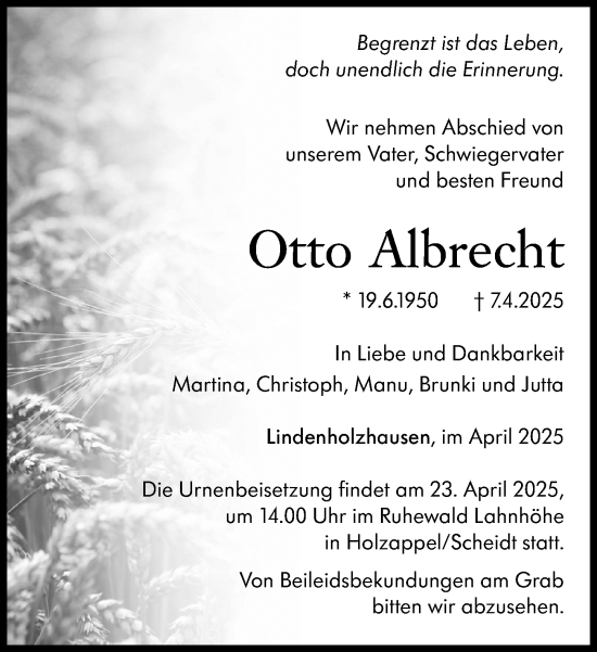 Traueranzeige von Otto Albrecht von Nassauische Neue Presse