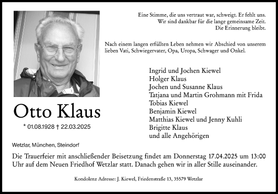 Traueranzeige von Otto Klaus von Wetzlarer Neue Zeitung