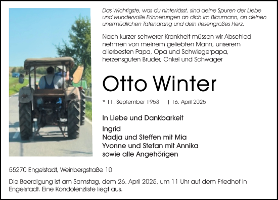Traueranzeige von Otto Winter von Allgemeine Zeitung Rheinhessen-Nahe