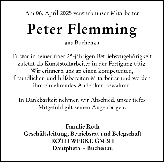 Traueranzeige von Peter Flemming von Hinterländer Anzeiger