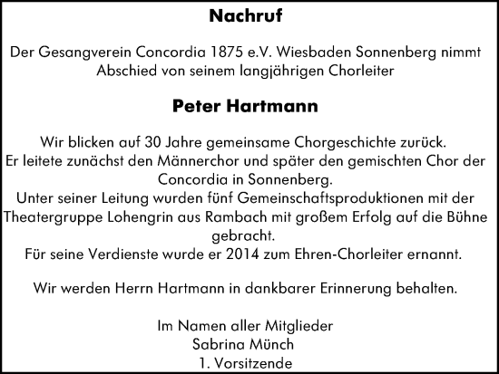Traueranzeige von Peter Hartmann von Wiesbadener Kurier