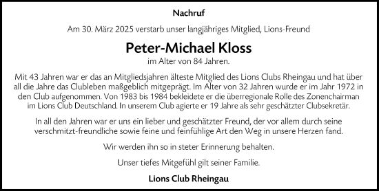 Traueranzeige von Peter-Michael Kloss von Wiesbadener Kurier