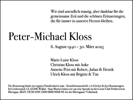 Traueranzeige von Peter-Michael Kloss von Wiesbadener Kurier