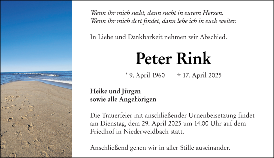 Traueranzeige von Peter Rink von Wetzlarer Neue Zeitung