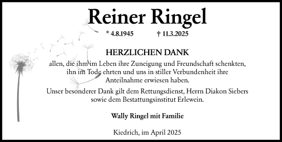 Traueranzeige von Reiner Ringel von Rheingau Kurier