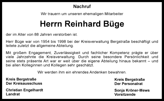 Traueranzeige von Reinhard Büge von Starkenburger Echo