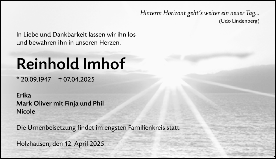 Traueranzeige von Reinhold Imhof von Hinterländer Anzeiger