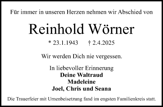 Traueranzeige von Reinhold Wörner von Darmstädter Echo