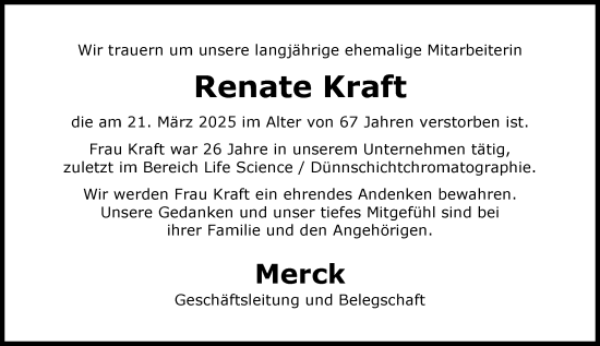 Traueranzeige von Renate Kraft von Darmstädter Echo