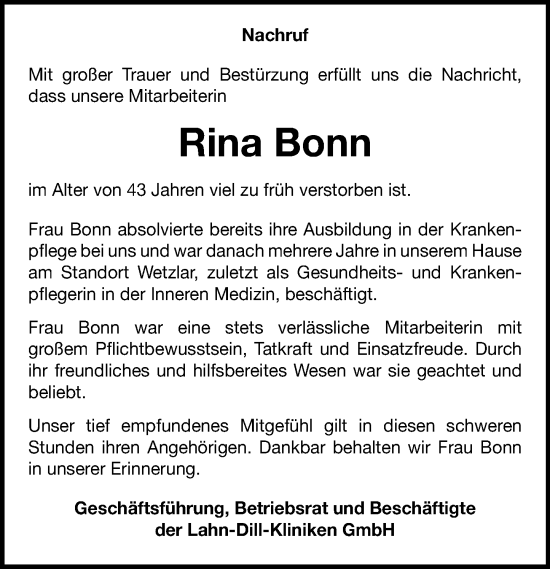 Traueranzeige von Rina Bonn von Wetzlarer Neue Zeitung