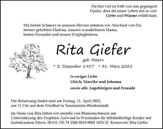 Traueranzeige von Rita Giefer von Wiesbadener Kurier