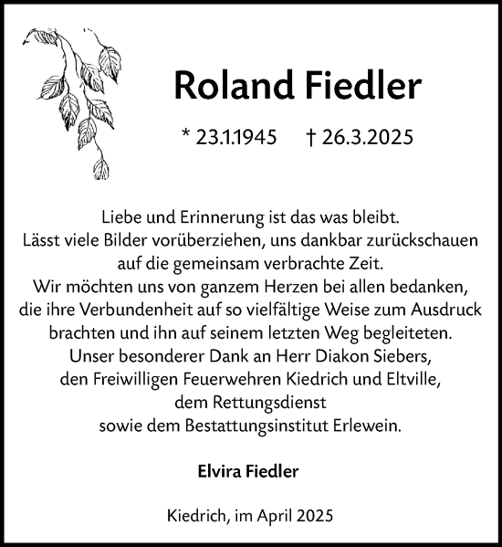 Traueranzeige von Roland Fiedler von Rheingau Kurier
