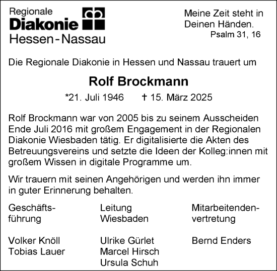 Traueranzeige von Rolf Brockmann von Wiesbadener Kurier