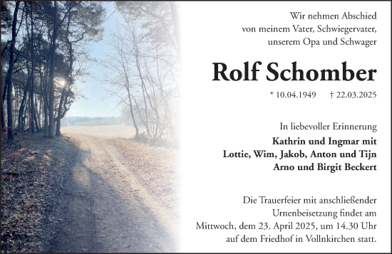 Traueranzeige von Rolf Schomber von Wetzlarer Neue Zeitung