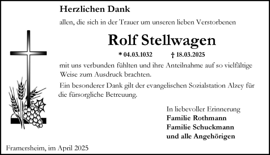 Traueranzeige von Rolf Stellwagen von Allgemeine Zeitung Alzey