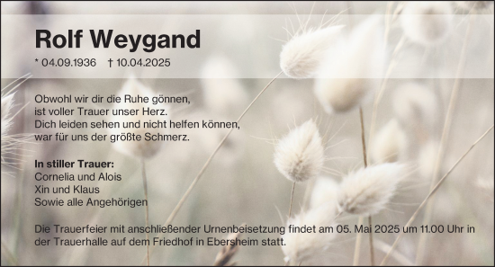 Traueranzeige von Rolf Weygand von Allgemeine Zeitung Mainz