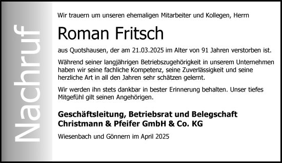 Traueranzeige von Roman Fritsch von Hinterländer Anzeiger