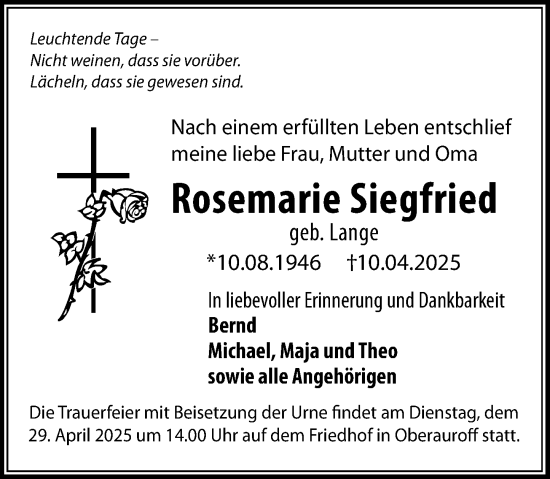 Traueranzeige von Rosemarie Siegfried von Idsteiner Land/Untertaunus