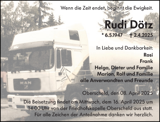 Traueranzeige von Rudi Dötz von Dill Block
