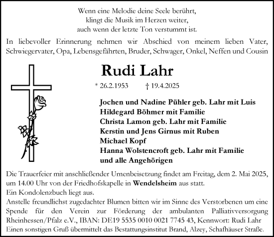 Traueranzeige von Rudi Lahr von Allgemeine Zeitung Alzey