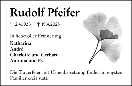 Traueranzeige von Rudolf Pfeifer von Hinterländer Anzeiger