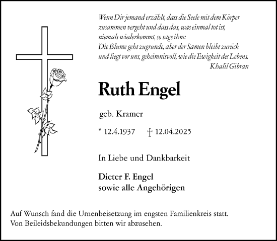 Traueranzeige von Ruth Engel von Wormser Zeitung
