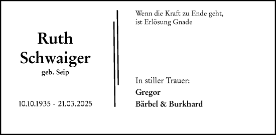 Traueranzeige von Ruth Schwaiger von Odenwälder Echo