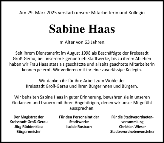 Traueranzeige von Sabine Haas von Groß-Gerauer Echo