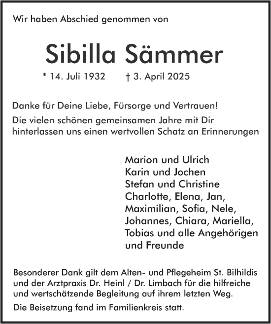 Traueranzeige von Sibilla Sämmer von Allgemeine Zeitung Mainz