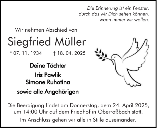 Traueranzeige von Siegfried Müller von Dill Block