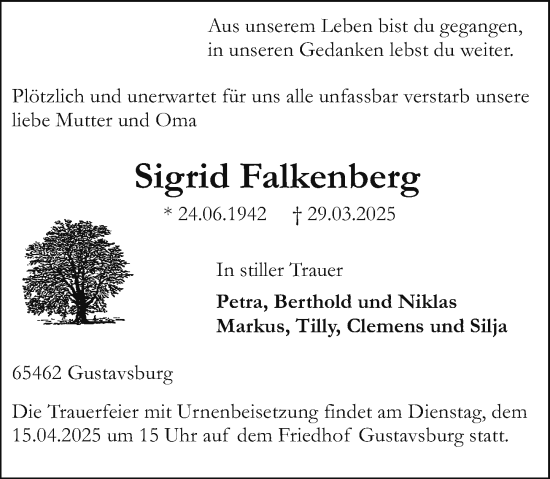 Traueranzeige von Sigrid Falkenberg von Allgemeine Zeitung Mainz