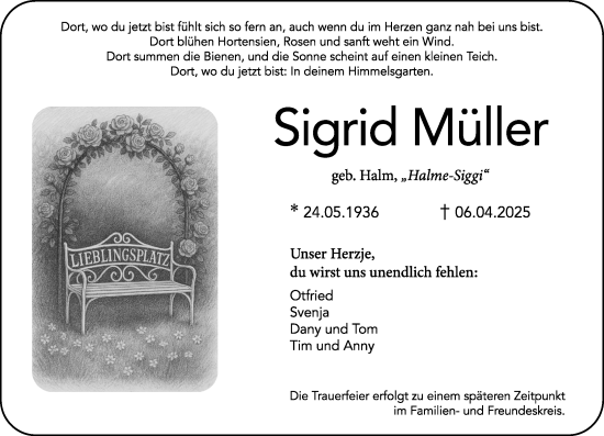Traueranzeige von Sigrid Müller von Allgemeine Zeitung Mainz