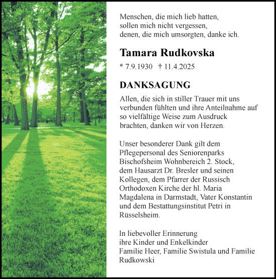Traueranzeige von Tamara Rudkovska von Rüsselsheimer Echo