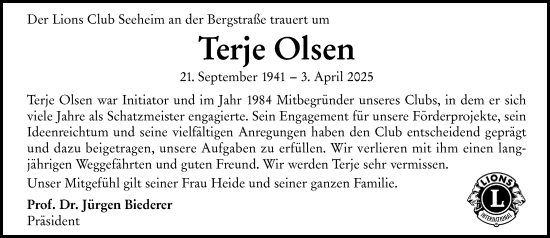 Traueranzeige von Terje Olsen von Groß-Gerauer Echo
