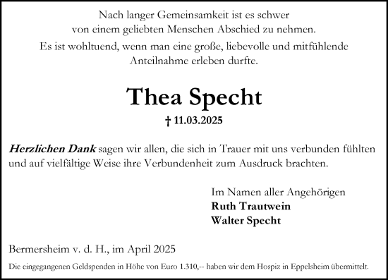 Traueranzeige von Thea Specht von Allgemeine Zeitung Alzey