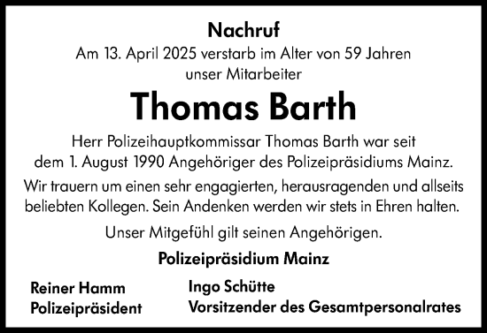 Traueranzeige von Thomas Barth von Allgemeine Zeitung Mainz