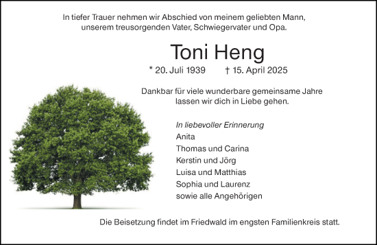 Traueranzeige von Toni Heng von Wormser Zeitung