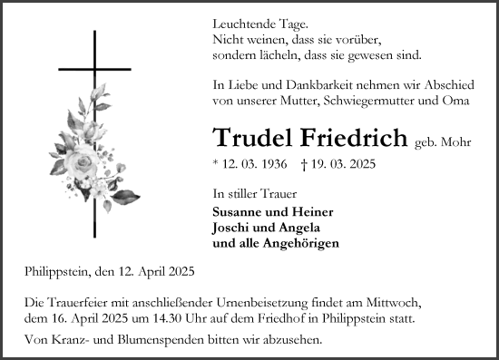Traueranzeige von Trudel Friedrich von Wetzlarer Neue Zeitung