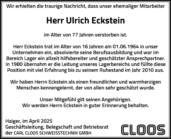 Traueranzeige von Ulrich Eckstein von Dill Block